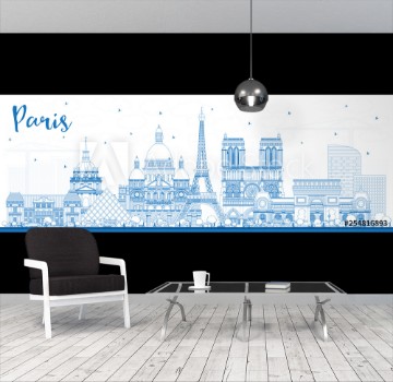 Picture of Outline Paris France City Skyline with Blue Buildings